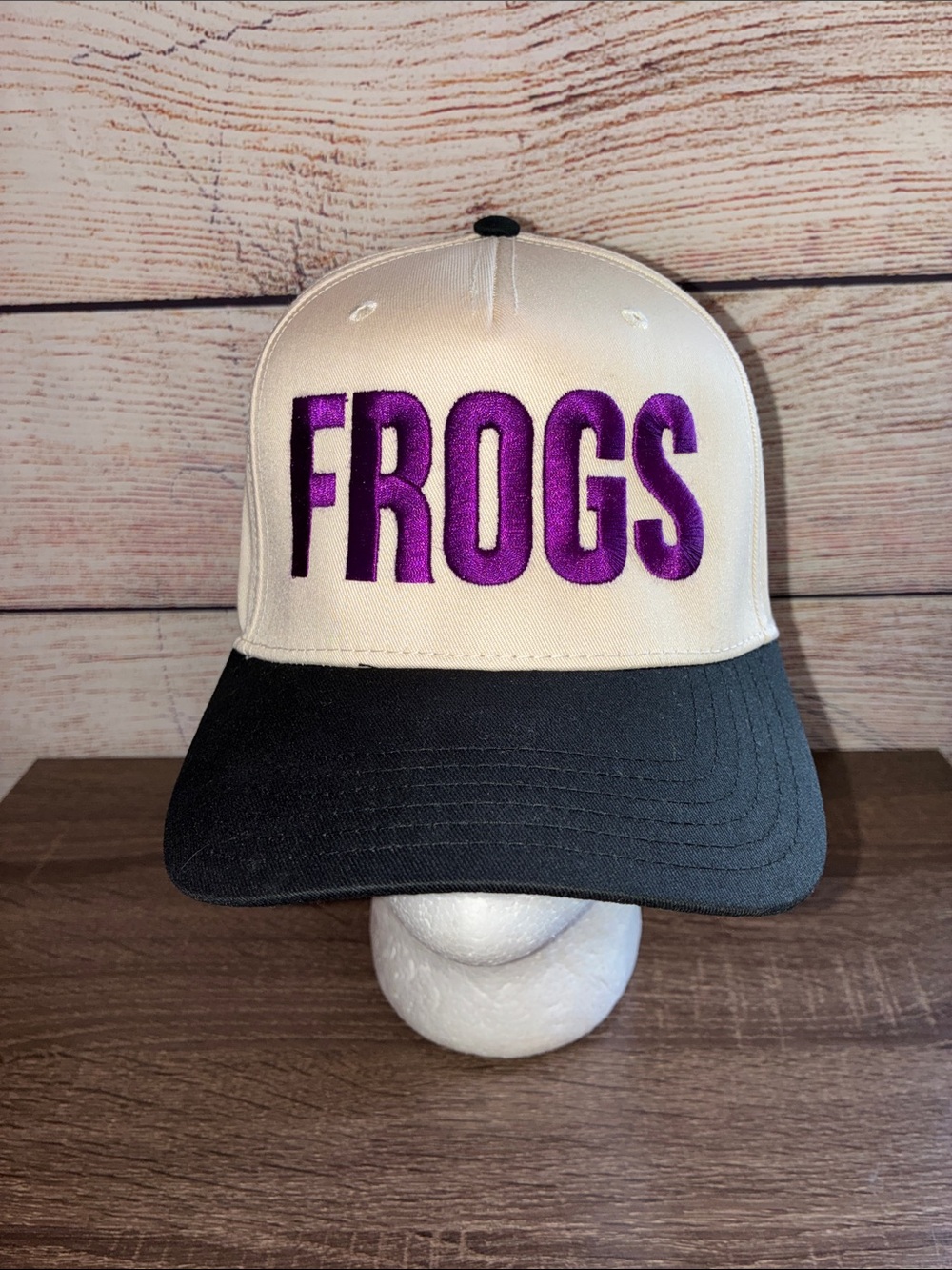 NWOT TCU White and Black 'FROGS' Snapback Hat with Purple Embroidery OTTO